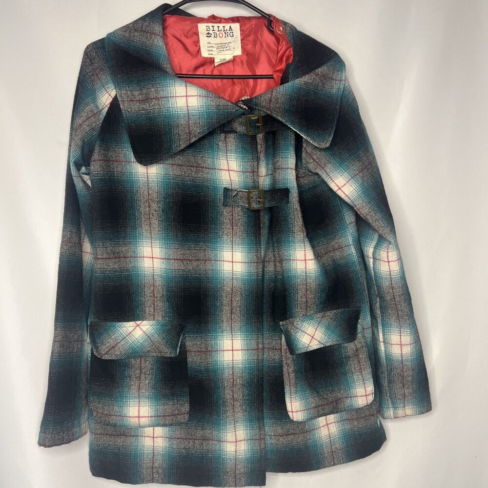 Billabong Green White Gray Plaid Wool Blend Double Breasted Jacket Coat M